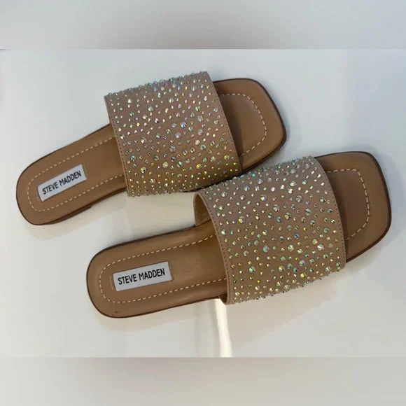 Steve Madden Lilu Flat - New - Beige Sparkle Slide Sandals - Size 8 - Picture 2 of 4